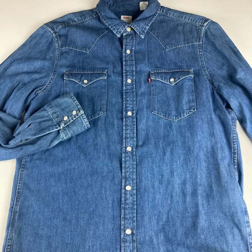 Levi’s Denim Western Shirt Mens Large Pearl Snap Standard Fit Blue Jean Shirt